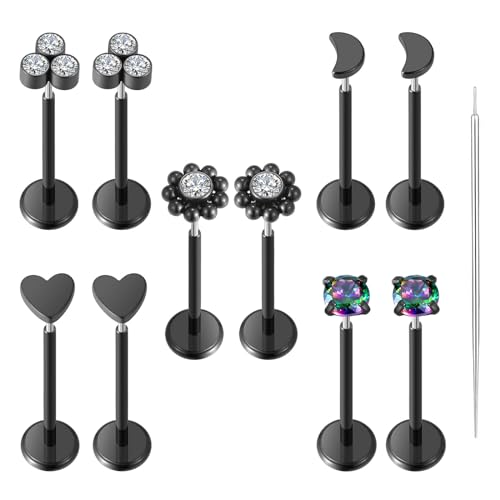 Uni-J 10pcs 20G/18G/16G Threadless Push-in Tragus Conch Cartilage Flat Back Helix Labret Monroe Lip Ring Daith Piercing Jewelry - color: 20G Black 8mm