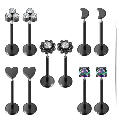 Uni-J 10pcs 20G/18G/16G Threadless Push-in Tragus Conch Cartilage Flat Back Helix Labret Monroe Lip Ring Daith Piercing Jewelry - color: 20G Black 8mm