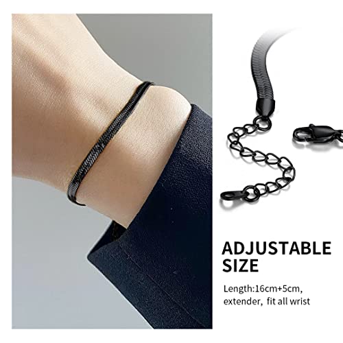 ChainsHouse Stainless Steel Herringbone Flat Chain Bracelets for Women,18K Gold/Rose Gold/Black Metal Paperclip/Snake/Cuban/Figaro Sterling Silver Link Charm Bracelet, 16+5cm Adjustable, With Gift Box - color: g. herringbone-black-6mm