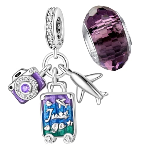 LNQOBU 925 Sterling Silver Charms for Bracelets Necklaces,5A Cubic Zirconias Evil Eye Dangle Beads Charms Jewelry Gift for Women (With one Spacer Beads Charms) - style: Travel Luggage Pendant