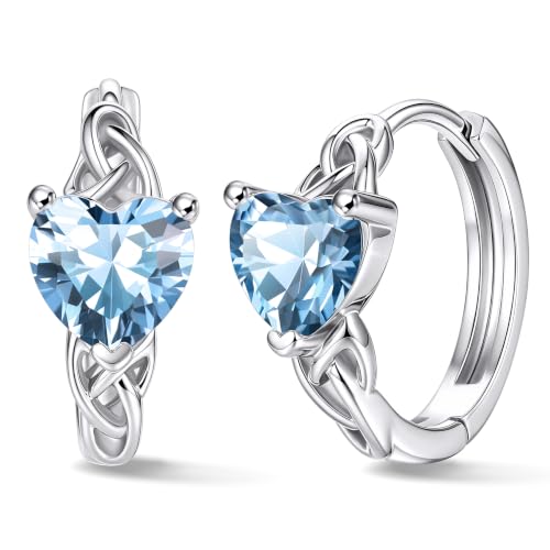 Bestyle 925 Sterling Silver Huggie Hoop Earrings Small Birthstone Hoop Earrings for Women Hypoallergenic Silver Huggie Earring,Great Birthday Earrings Gift for Daughter Wife Mom - color: 03-Blue Aquamarine-Hoop