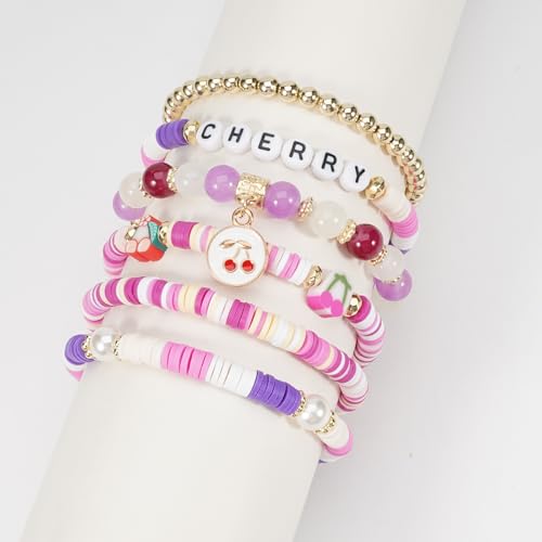 Twinfree Bohemian Cute Fruit Banana Cherry Strawberry Pineapple Mango Polymer Clay Beaded Stackable Stretch Bracelets - color: Color 5
