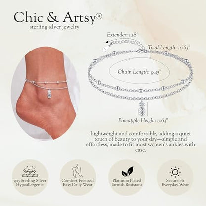 CHIC & ARTSY 925 Sterling Silver Ankle Bracelets for Women, Adjustable Layered Foot Chains with Nature & Symbol Charms, Lightweight Comfort Fit Boho Beach Everyday Jewelry - color: Pineapple/silver