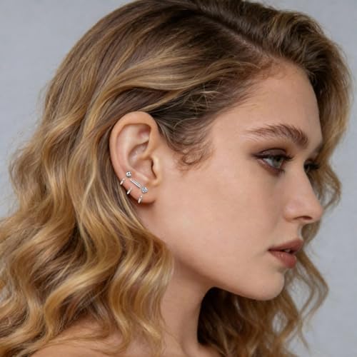 925 Sterling Silver 14K Gold Plated Huggie Half Hoop Earrings | Sleep-Friendly Poke-Free Hypoallergenic Stackable Earring Comfortable & All Day Wear - color: Ball-White Gold