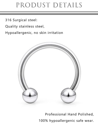 Hoeudjo 16G Septum Rings Stainless Steel Horseshoe Hoop Ring Lip Rings Hoop Smiley Piercing Jewelry for Women Men Diameter 6mm 8mm 10mm 12mm 14mm 16mm - color: silvertone