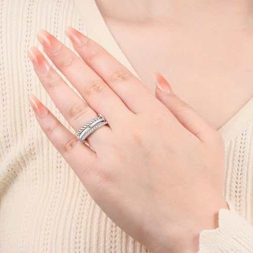 Stackable Patterned Ring 925 Sterling Silver with Cubic Zirconia – Simple CZ Stacking Ring for Women | Dainty Silver Ring S925 Hypoallergenic Jewelry - color: 3PCS Rings