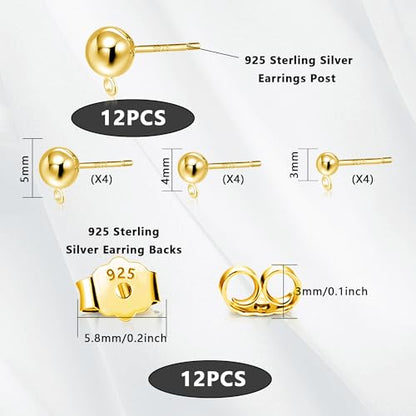 12Pcs Gold Earrings Making Supplies Ball Studs Post with Loop Ear Backs | Hypoallergenic 3/4/5mm Ball/Flat Stud Post Replace Butterfly Ear Backs for Dangle Charm Pendant Earring Jewelry Making Set - color: Ball_Gold