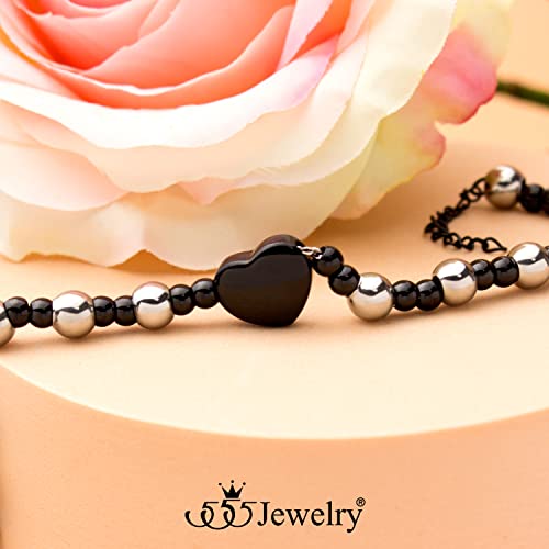 555Jewelry Stainless Steel Beads & Puffed Heart Charm Bracelet for Women & Ladies - color: Silver/Black
