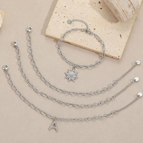 10 PCS Bracelets for Women Stainless Steel Chain Link Bracelet Set | 6.7 Inches with Extender, Jewelry Gifts for DIY, Chains Bulk, Oval, Curb, Figaro Chains, 18K Gold Plated, Silver, Chunky - color: Cable Silver