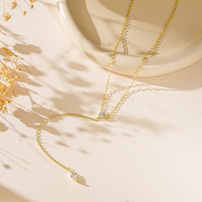 Lariat Gold Necklace for Women, Dainty Long Necklaces 14k Gold Plated Y-Shaped Layered Drop Necklaces for Women Trendy Simple Gold Jewelry for Prom Vacation Gifts - color: Two CZ Y Necklace-Gold