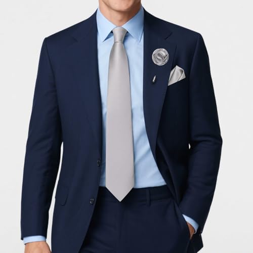 Solid Color Tie and Pocket Square with Tie Clip Lapel Pin Silk Formal Necktie Set Wedding Formal - color: Silver