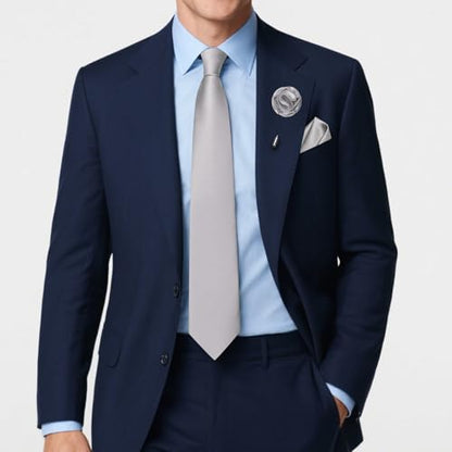 Solid Color Tie and Pocket Square with Tie Clip Lapel Pin Silk Formal Necktie Set Wedding Formal - color: Silver