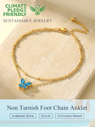 Suplight Gold Plated Butterfly Anklets for Women Waterproof, Layered Boho Ankle Bracelet with Birthstone, Stainless Steel Adjustable Non-Tarnish Heart Foot Jewelry Beach Vacation - color: 04. Butterfly-Apr. Clear Quartz