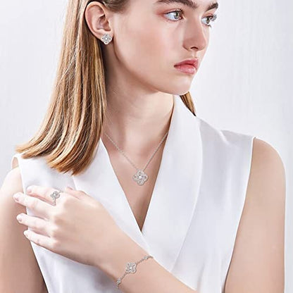 EleQueen Jewelry Set for Women, Silver/Gold/Rose Gold/Plated Sparkle Cubic Zirconia Flower Bud Bridal Necklace Earrings Bracelet Ring Sets for Wedding Prom - color: Silver