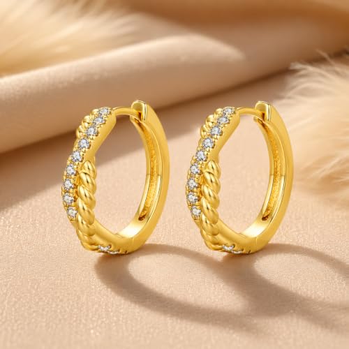14K Gold Hoop Earrings for Women Thick Large Earrings Lightweight | Gold Plated Huggie Earrings for Women Hypoallergenic (with Gift Box) - color: Twisted CZ-20MM