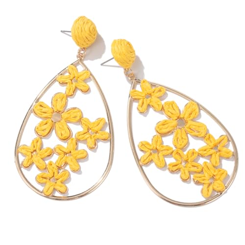 Boho Raffia Flower Teardrop Earrings Cute Colorful Dangle Trendy Jewelry | Floral Drop Statement Big Dangling Earring Hypoallergenic Gold Fun Unique Summer Spring Beach Vacation Outfits for Women - color: Yellow