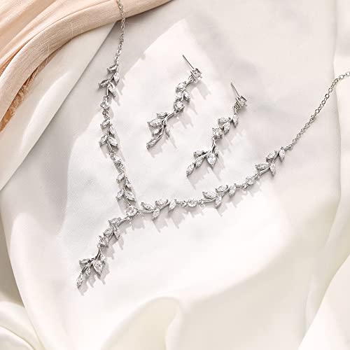 Crysdue Women's Wedding Bridal Jewelry Set for Brides Bridesmaids Cubic Zirconia Flower Leaf Vine Necklace Dangle Earrings for Prom Party - style: 4-silver