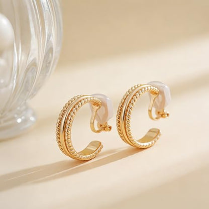 Clip on Earrings for Women Silver and Gold Plated Twisted Rope Hoops Non Pierced C Hoop Earring Lightweight Two Tone Clips Mixed Metal Jewelry Gifts - color: Twisted Hoop-gold