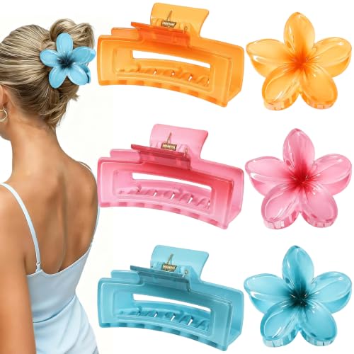 Flower Hair Clips for Women, Square Claw Clips for Girls 6 PCS - Deep Color | 2 Styles Hair Claw Clips for Thick or Thin Hair Hawaiian Hibiscus Rectangle Large Plumeria Medium Hair Accessories for Women - color: Deep Color