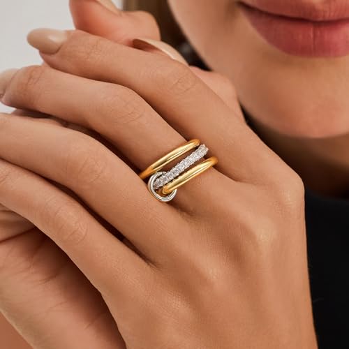 Cicy Bell Interlocking Ring for Women 18k Gold Plated CZ Stack Ring Set - color: Style C-Gold, size: 6