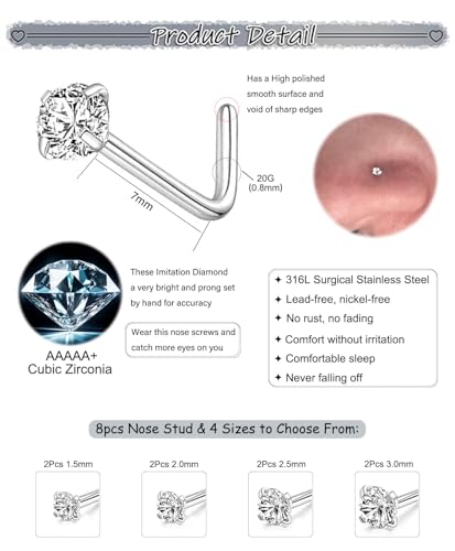 8PCS 18G 20G 22G Nose Studs, Hypoallergenic L Shaped Nose Rings Set | Gold/silver styles, 316L Surgical Stainless Steel, CZ sizes 1.5-3mm, secure fit for sensitive skin and daily wear - color: 20G L-Shaped Silver