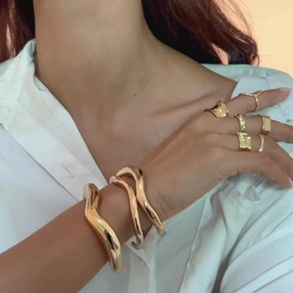 Chunky Gold Bangle Bracelets for Women Trendy Irregular Statement Cuff Bracelets Stack Wide Minimalist 3PCS Bangle Set Jewelry - style: Gold B