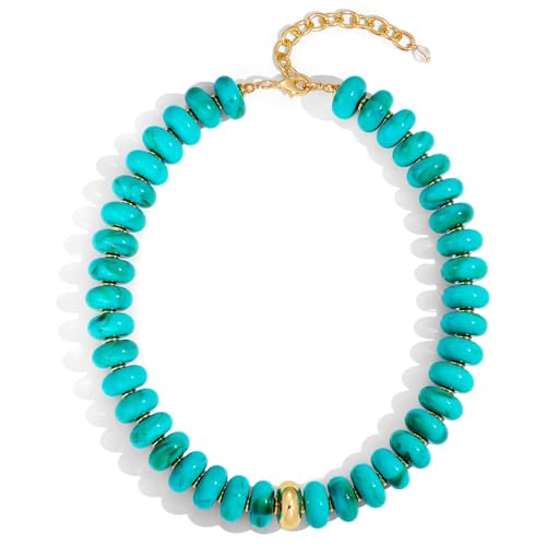 Beaded necklace for Women Boho Bead Gemstone Chunky Necklace Big Bead Necklace Fashion Trendy Summer Necklaces Jewelry Gifts - color: Turquoise&GD Beaded