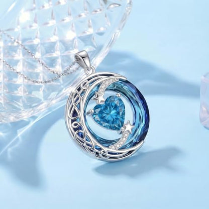 Birthstone Necklace for Women Crystal Moon and Star Pendant White Gold Celtic Moon Jewelry Birthday Graduation Gifts for Wife Her - style: Moon-12