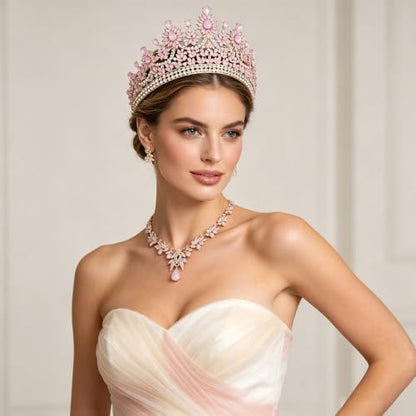 Crowns and Tiaras Jewelry Set for Women.Wedding (Gold Green) | Wedding Crown, Necklace Earrings, Princess Queen Birthday Party, Pageant Bridal, Costume Accessories - color: Opal Pink