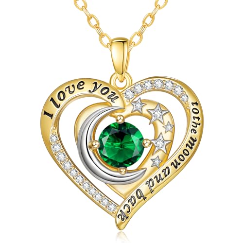 14K Gold I Love You to the Moon and Back Necklace for Women, Double Heart Birthstone Necklace, Moon Star Love Jewelry, Christmas Valentines Mothers Day Birthday Gifts for Wife Mom Girlfriend - color: 05-May Birthstone