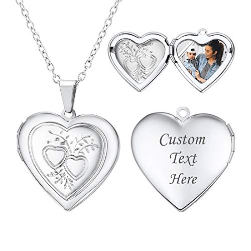 U7 Women Locket Necklace, Heart Photo Lockets Hold Picture, Gift Box Packed | Gold/Silver/Rose Locket Charm, Custom Picture and Engravement Heart Pendant, 20" Chain, Personalized Gift for Mom Wife Friend - color: 03# Platinum*2 Heart