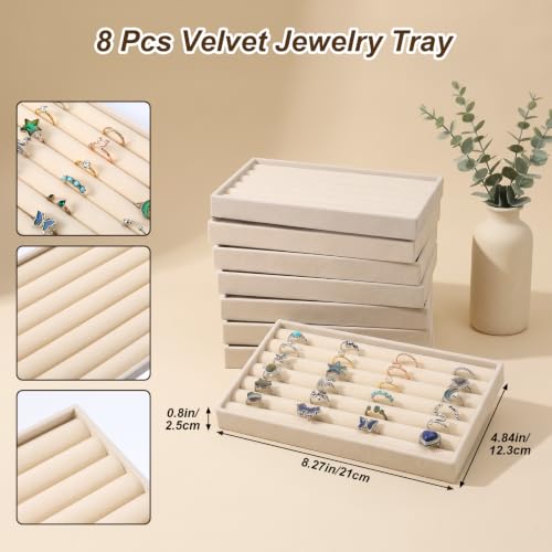 8 Pcs Velvet Jewelry Trays 7 Slot Ring Tray for Drawer Mini Earring Display | Stackable Ring Board Case,Small Stud Earring Holder,Inserts Bracelet Necklace Storage Trays for Women, 8.3x4.8x1"(Beige)