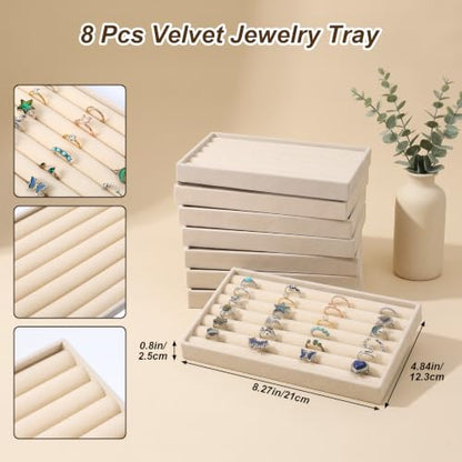 8 Pcs Velvet Jewelry Trays 7 Slot Ring Tray for Drawer Mini Earring Display | Stackable Ring Board Case,Small Stud Earring Holder,Inserts Bracelet Necklace Storage Trays for Women, 8.3x4.8x1"(Beige)