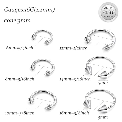 Ruifan 20G 18G 16G 14G 12G 8G 6G 4G 2G Horseshoe Nose Ring Titanium Septum Rings Piercing Jewelry Internally Threaded Gauges Cartilage Conch Helix Rook Lip Tragus Earring Hoop Eyebrow For Women Men - size: Spike: 16G - 8MM