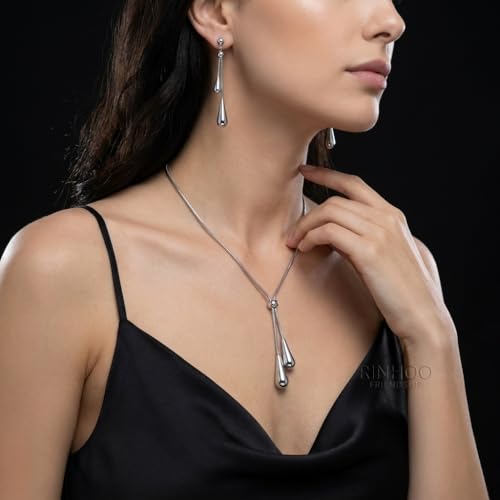 Stainless Steel Teardrop Jewelry Set for Women | Gold Plated Teardrop Jewelry Set for Women,Tarnish Dainty Lariat Necklace,Drop Earrings,Bridal Gift for Wedding Valentine - color: Style 2
