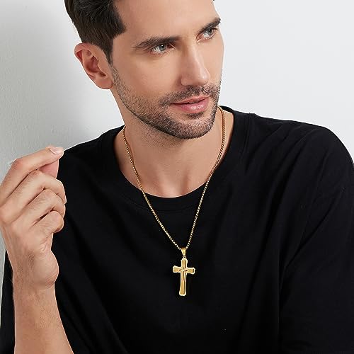 Men's Cross Necklace 316L Stainless Steel Large Heavy Cross Pendant for Men Polished Jewelry Rolo Chain with 22'' 24'' 26'' - color: B-yellow, size: 26 inch