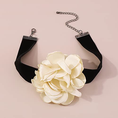 Rose Black Velvet Floral Choker Necklace - Camellia Daisy Rosette - Spring Summer Flower Jewelry - color: White