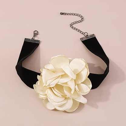 Rose Black Velvet Floral Choker Necklace - Camellia Daisy Rosette - Spring Summer Flower Jewelry - color: White