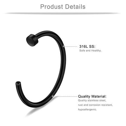 6-18pcs 18 Gauge Stainless Steel Body Jewelry Piercing Earrings Lip Nose Hoop Ring Unisex 6mm 8mm 10mm - color: 18PCS - Black