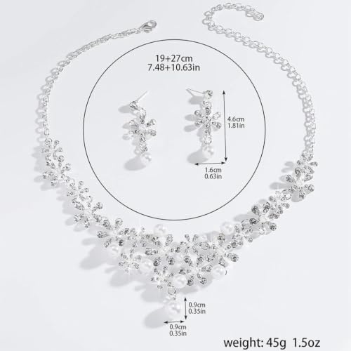 Dainty Faux Pearl Crystal Rhinestone Pendant Necklace Drop Earrings Set for Women,Sparkling Statement Necklace Earrings Romantic Wedding Bridal Jewelry Set