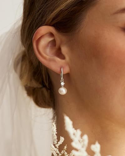 Pearl Earrings for Women Trendy Dainty Wedding Earring 14K Gold Plated/Silver Plated Dainty Cute Drop Dangle Pearl Earrings Studs Hypoallergenic CZ Diamond Wedding Earrings for Brides Prom Jewelry Gift for Women - color: 08.Silver hoop