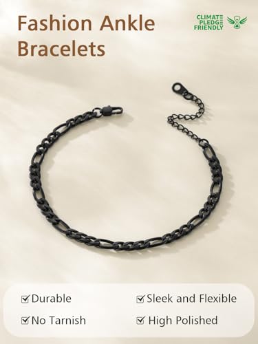 FindChic Stainless Steel Ankle Bracelets for Women, Waterproof Figaro/Cuban/Box/Beaded Chain Anklets, Summer Beach Foot Jewelry, 8.5''-10.5'' Adjustable Length, with Gift Box - style: A Figaro Chain-Black
