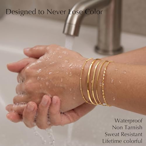 Dainty Gold Bracelet for Women Trendy Non Tarnish, Thin Bracelets Stackable Set with Bangle Cuff, Box, Herringbone, Paperclip, Figaro, Sparkling Link Chains Waterproof, Simple Jewelry Gifts for Women - color: style 01-gold