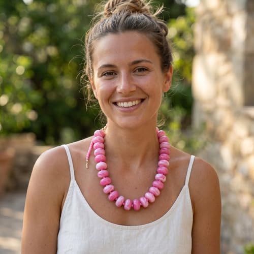 Chunky Acrylic Beaded Necklace for Women, Boho Oversized Disc Fake Turquoise Resin Bead Chain Statement Choker Lightweight Adjustable Summer Beach Jewelry Gift - color: Oversize Disc Pink