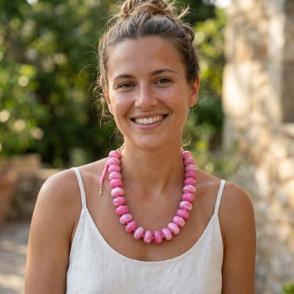 Chunky Acrylic Beaded Necklace for Women, Boho Oversized Disc Fake Turquoise Resin Bead Chain Statement Choker Lightweight Adjustable Summer Beach Jewelry Gift - color: Oversize Disc Pink