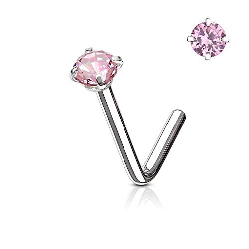 Round CZ L Bend Nose Stud Ring 316L Surgical Steel (CHOOSE SIZE & COLOR) - style: 20 GA Pink