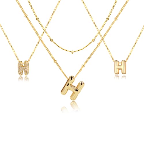 stino 4PCs Bubble Initial Letter Necklace Set, No Tarnish 14K Gold Plated Alphabet Pendant, Jewelry for Women - style: H