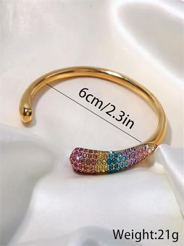 Adjustable Open-Cuff Bracelet for Women – Stainless Steel Gold Bangle with Colorful Rhinestones, Layering Accessory