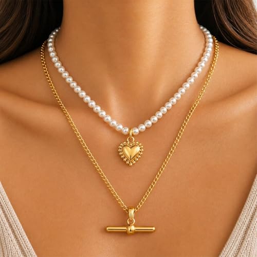 Layered Necklaces for Women Pearl Necklace Stack Gold T Bar Necklace Set Dainty Heart Pendant Jewelry Trendy 2026 Fashion Accessories Gifts - color: A1:2pcs-gold