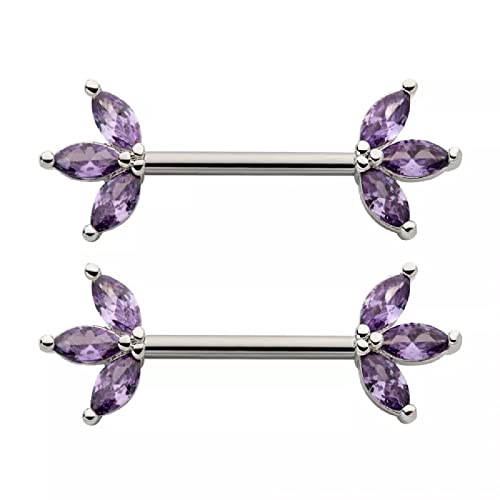 Pierced Owl 14GA 316L Stainless Steel Triple CZ Crystal Marquise Ends Nipple Barbells, Sold as a Pair - style: Silver Tone/Purple